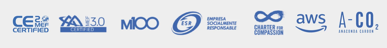 Certificaciones y reconocimientos de Vívaro: MEF CE 2.0, MEF 3.0, M100, ESR, Charter for Compassion, AWS y A-CO2 Anaconda Carbon
